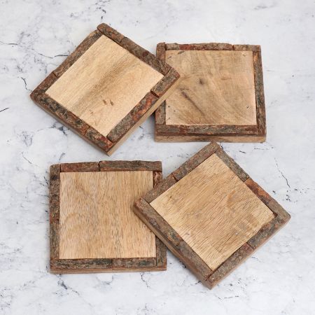 Vintage Style Brown Wooden Tea Coasters - Pack of 4